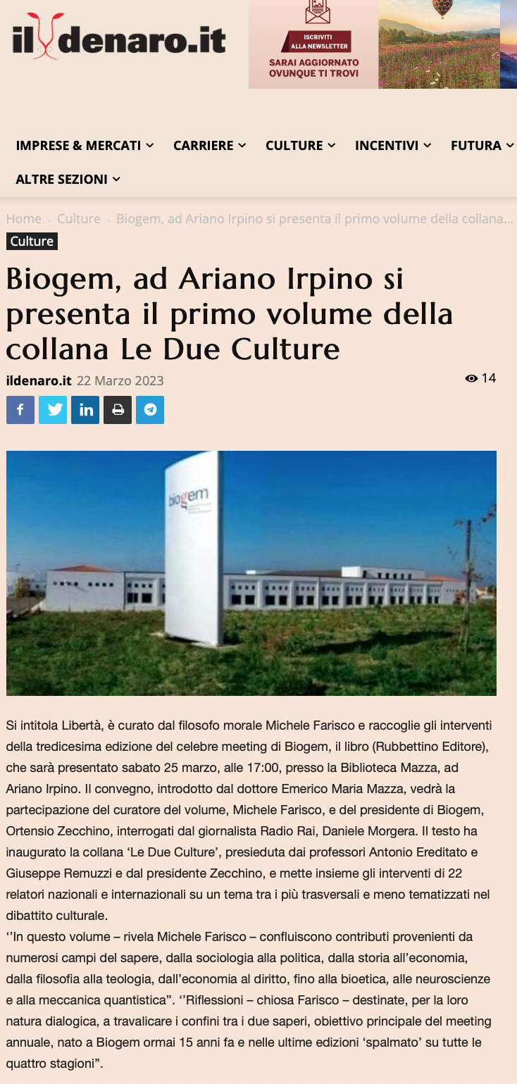 Biogem, ad Ariano Irpino si presenta il primo volume della collana Le Due Culture